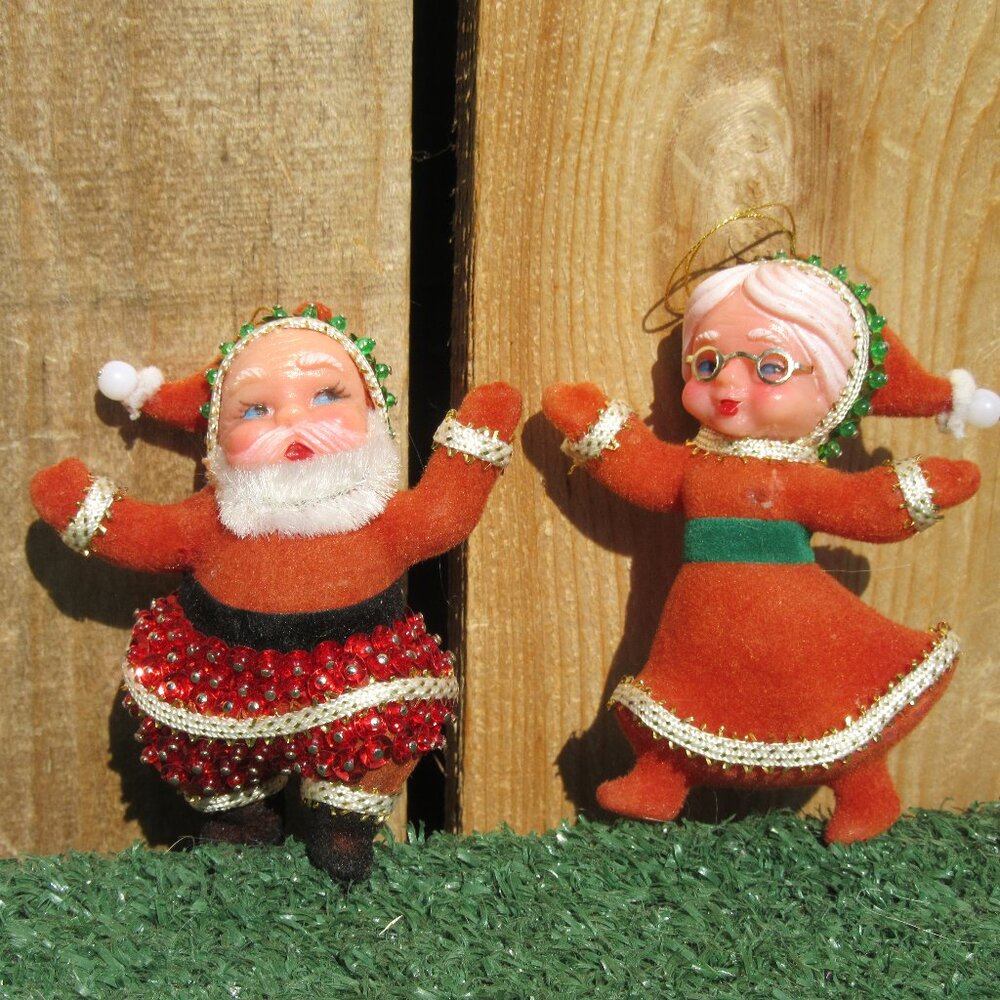 Vintage Walco Santa & Mrs. Claus Flocked Beaded 3" Christmas Ornaments